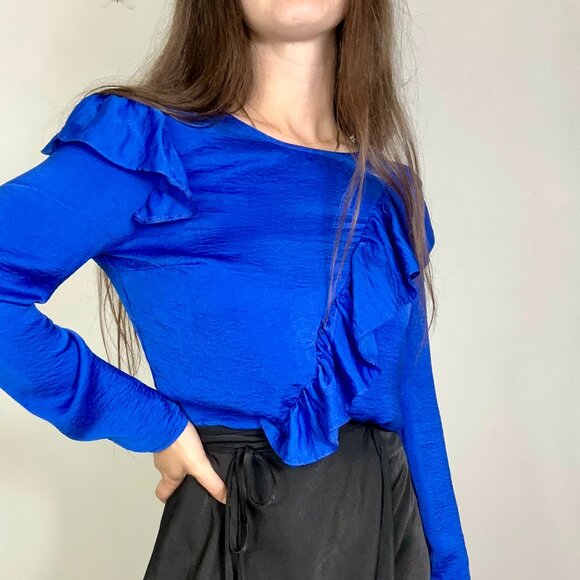 *Topshop Blue Satin Ruffle Blouse - Picture 1 of 5